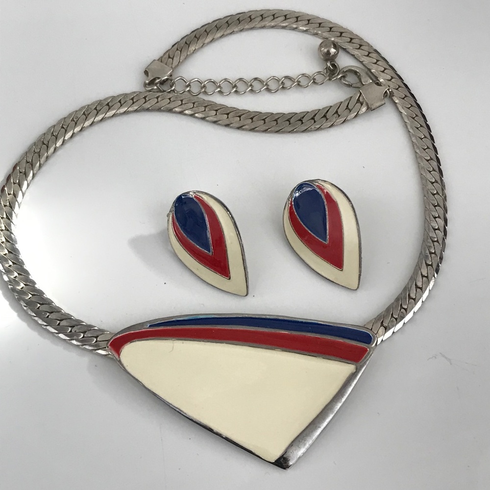 VINTAGE MCM MODERNIST ENAMEL JEWELRY SET SERPENTINE NECKLACE EARRINGS